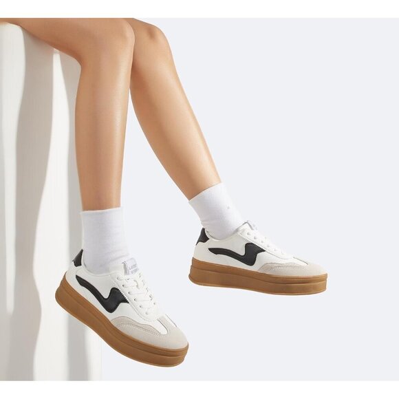 Women Platform WhiteBlack Sneaker Thick Sole Suede Leather Low Top Walking Shoes - Picture 6 of 9